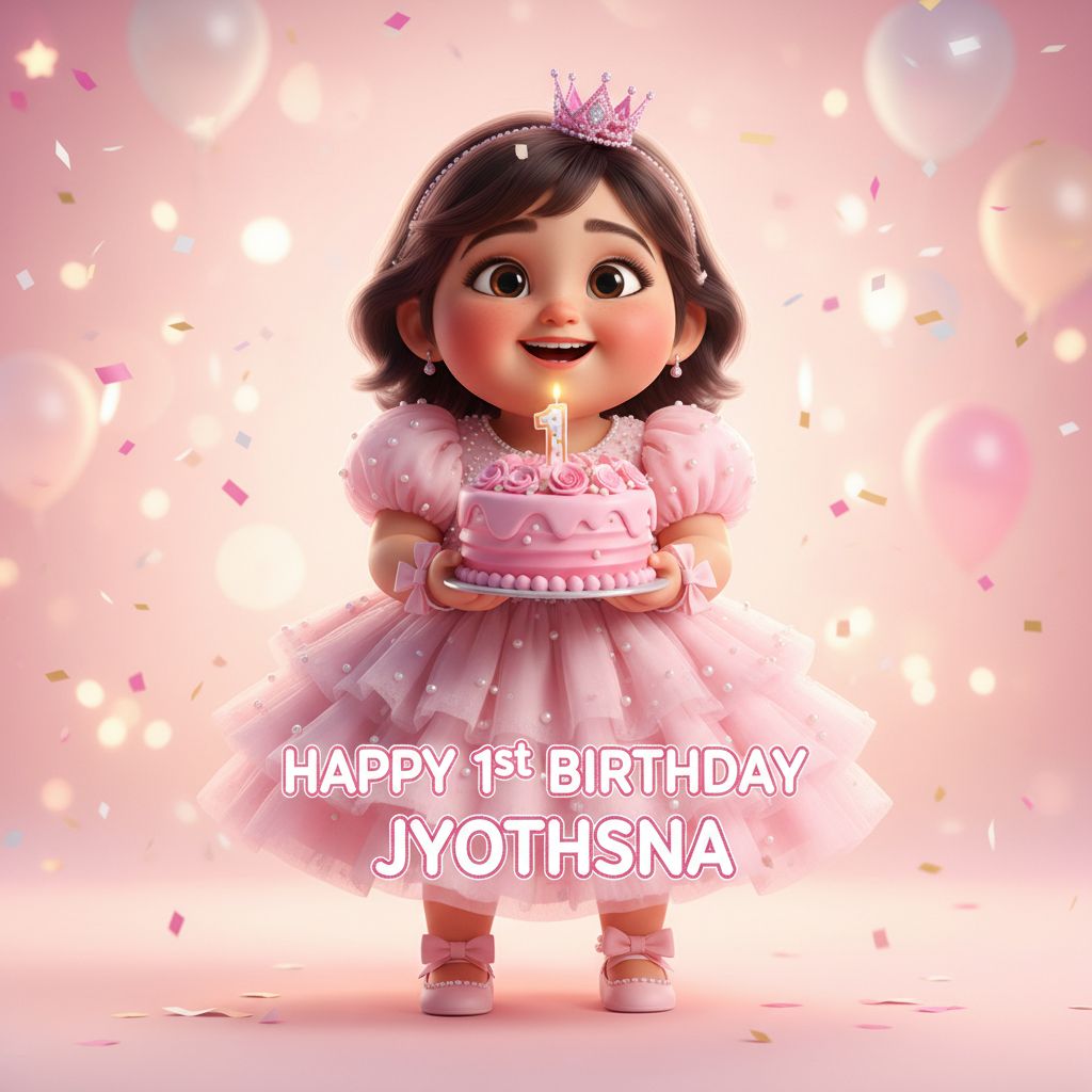 Create a happy birthday image for Jyothsna, who is 1 years old, in a Animated style, as an animated GIF. Message: "Without changing my facial features, creat a cinematic birthday photoshoot with light pink puff dress and accessories with a small crown in my head holding a pink cake with studio background make it clear" Happy Birthday Images Generator