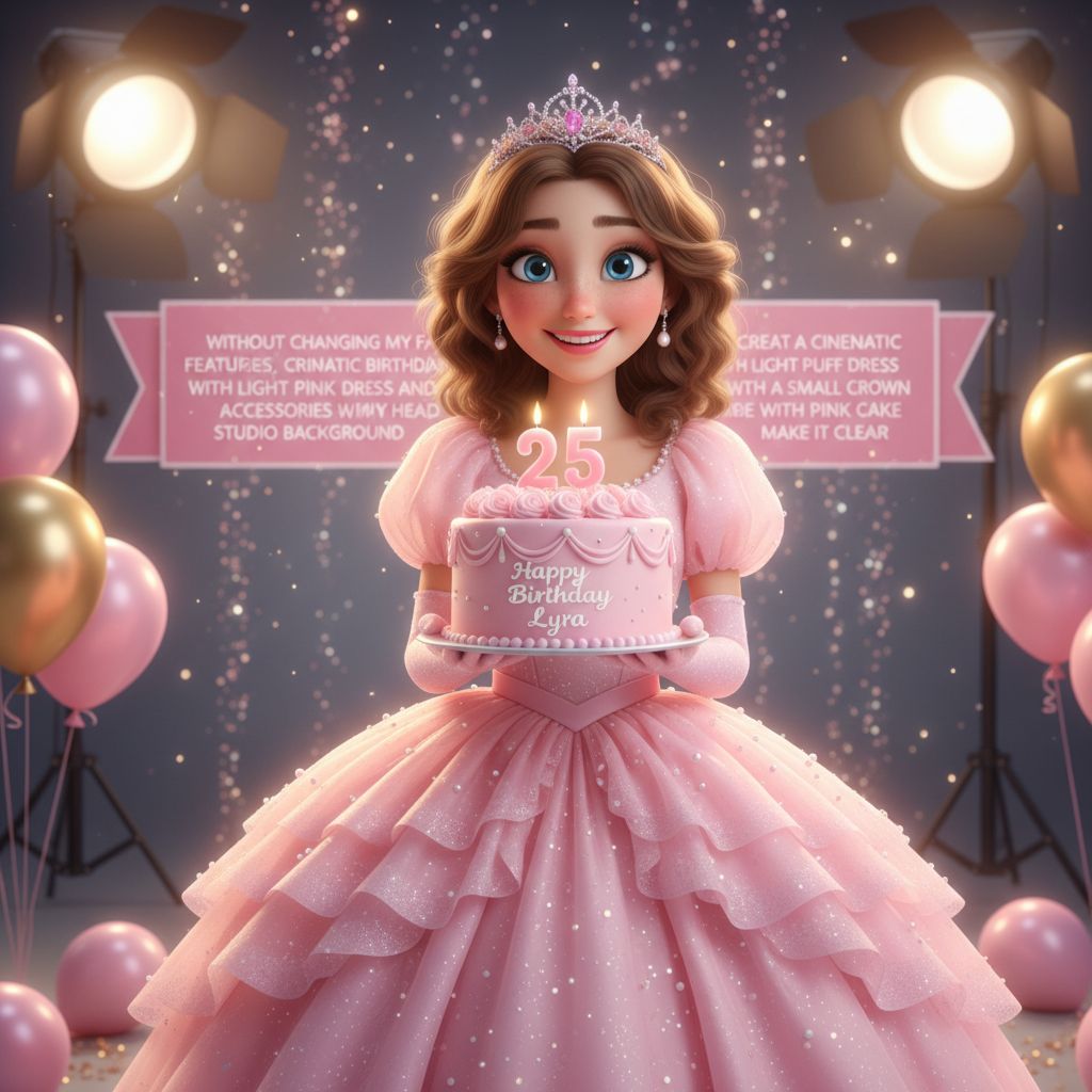 Create a happy birthday image for Lyra, in a Animated style. Message: "Without changing my facial features, creat a cinematic birthday photoshoot with light pink puff dress and accessories with a small crown in my head holding a pink cake with studio background make it clear" Happy Birthday Images Generator