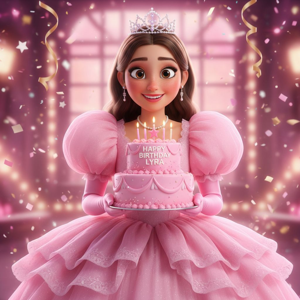 Create a happy birthday image for Lyra, in a Animated style. Message: "Without changing my facial features, creat a cinematic birthday photoshoot with light pink puff dress and accessories with a small crown in my head holding a pink cake with studio background make it clear" Happy Birthday Images Generator