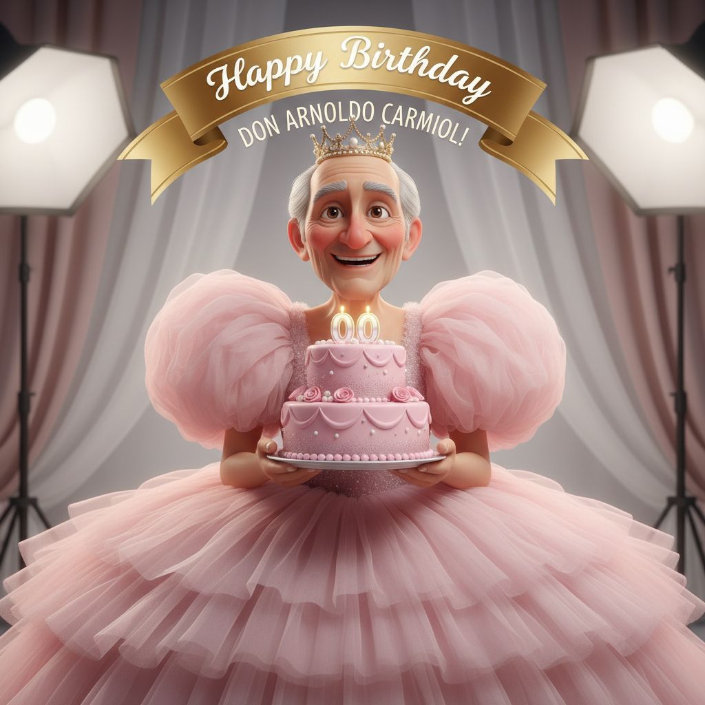 Create a happy birthday image for DON ARNOLDO CARMIOL, who is 00 years old, in a Elegant style, as an animated GIF. Message: "Without changing my facial features, creat a cinematic birthday photoshoot with light pink puff dress and accessories with a small crown in my head holding a pink cake with studio background make it clear" Happy Birthday Images Generator