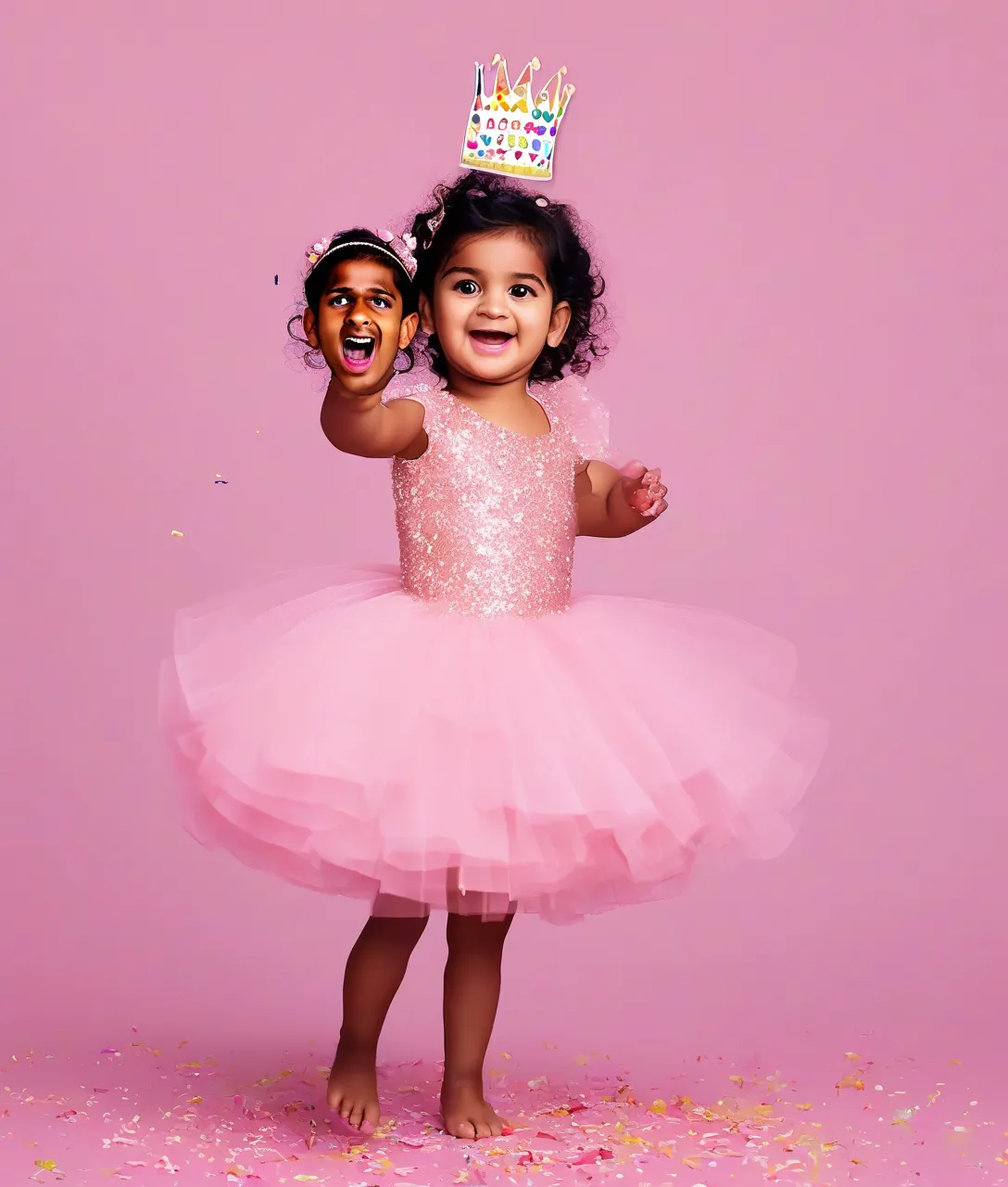 Create a happy birthday image for JASPREET PARMAR, who is 1 years old, in a Animated style, as an animated GIF. Message: "Without changing my facial features, creat a cinematic birthday photoshoot with light pink puff dress and accessories with a small crown in my head holding a pink cake with studio background make it clear" Happy Birthday Images Generator