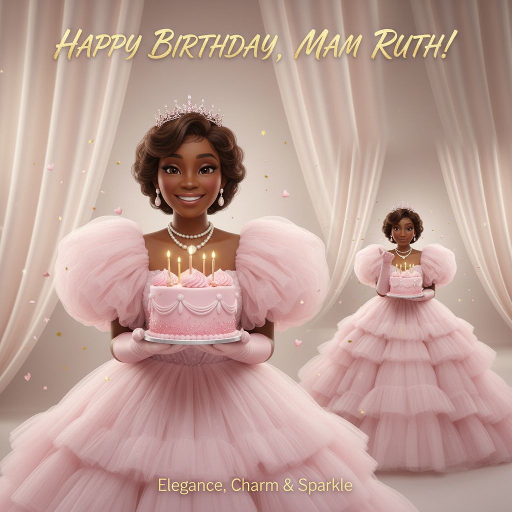 Create a happy birthday image for mam ruth, in a Elegant style, as an animated GIF. Message: "Without changing my facial features, creat a cinematic birthday photoshoot with light pink puff dress and accessories with a small crown in my head holding a pink cake with studio background make it clear" Happy Birthday Images Generator