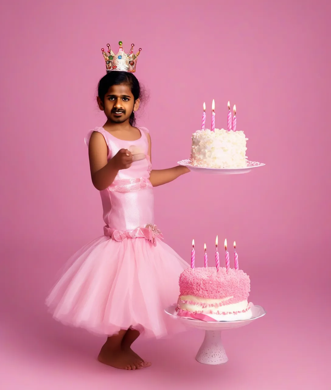 Create a happy birthday image for JASPREET PARMAR, who is 1 years old, in a Elegant style, as an animated GIF. Message: "Without changing my facial features, creat a cinematic birthday photoshoot with light pink puff dress and accessories with a small crown in my head holding a pink cake with studio background make it clear" Happy Birthday Images Generator
