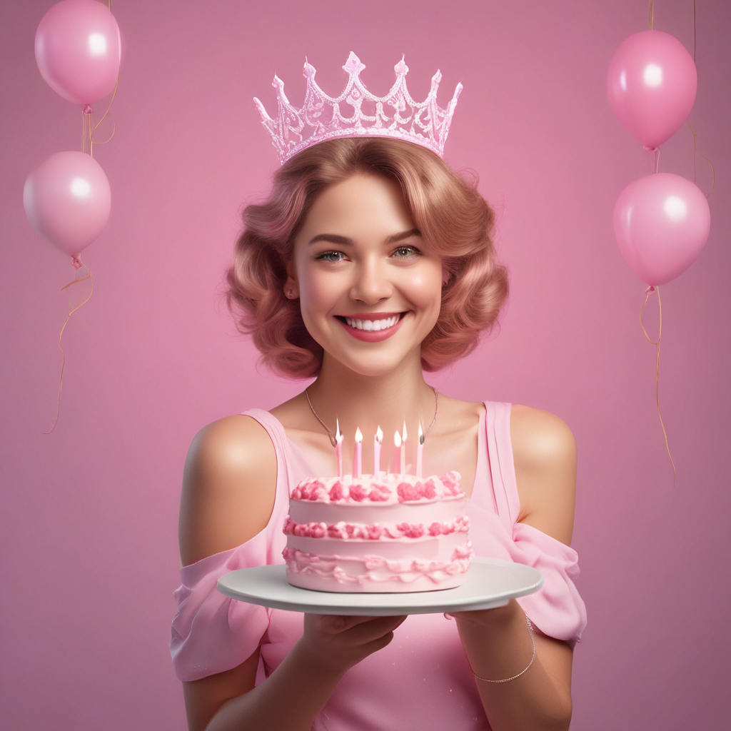 Create a happy birthday image for mulher nua, in a Animated style, as an animated GIF. Message: "Without changing my facial features, creat a cinematic birthday photoshoot with light pink puff dress and accessories with a small crown in my head holding a pink cake with studio background make it clear" Happy Birthday Images Generator