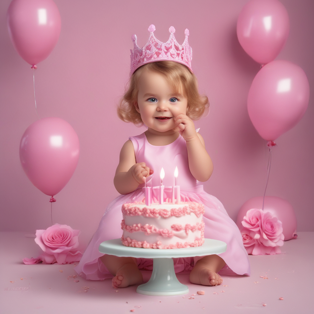 Create a happy birthday image for with wisky, who is 1 years old, in a Social Media style, as an animated GIF. Message: "Without changing my facial features, creat a cinematic birthday photoshoot with light pink puff dress and accessories with a small crown in my head holding a pink cake with studio background make it clear" Happy Birthday Images Generator