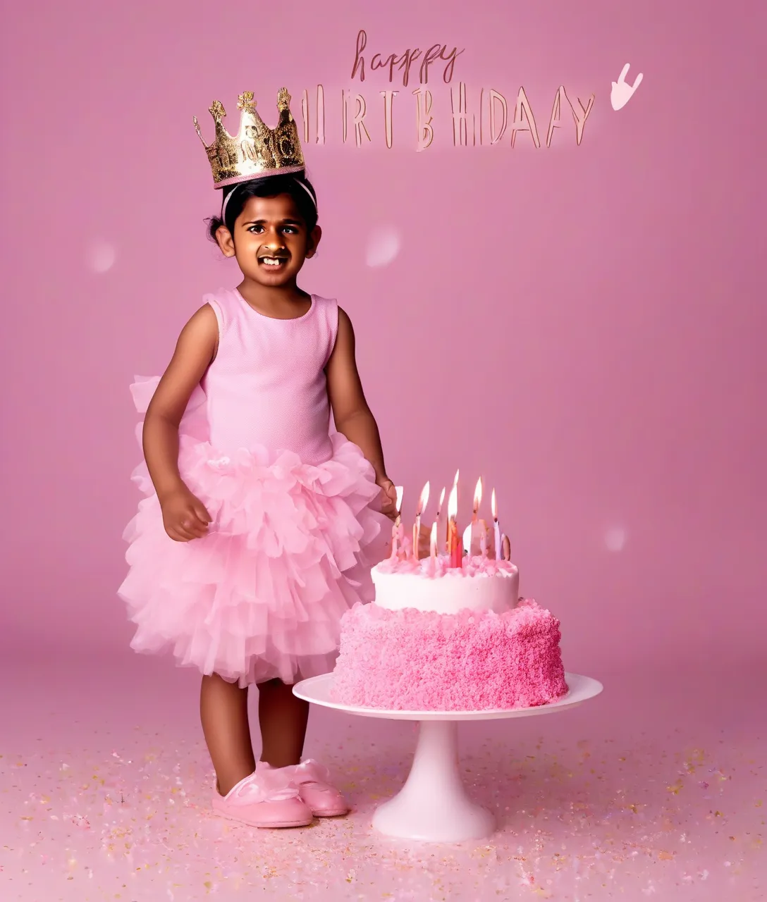 Create a happy birthday image for JASPREET PARMAR, who is 1 years old, in a Elegant style, as an animated GIF. Message: "Without changing my facial features, creat a cinematic birthday photoshoot with light pink puff dress and accessories with a small crown in my head holding a pink cake with studio background make it clear" Happy Birthday Images Generator
