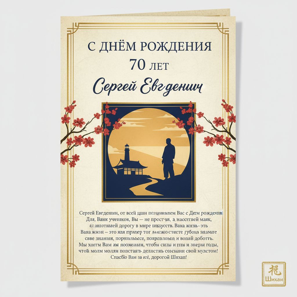 Create a happy birthday image for Сергей Евгеньевич, who is 70 years old, in a Elegant style. Message: "Сергей Евгеньевич, от всей души поздравляем Вас с Днем рождения!
Для нас, Ваших учеников, Вы – не просто учитель, а настоящий маяк, освещающий дорогу в мире боевых искусств. Ваша жизнь – это яркий пример того, как можно сочетать в себе глубокие знания, потрясающее мастерство, непреклонную волю и удивительную доброту. Мы хотим Вам пожелать, чтобы силы и энергия не покидали Вас еще долгие годы, чтобы Вы могли продолжать делиться с нами своей мудростью! Спасибо Вам за всё, дорогой Шихан!
" Happy Birthday Images Generator