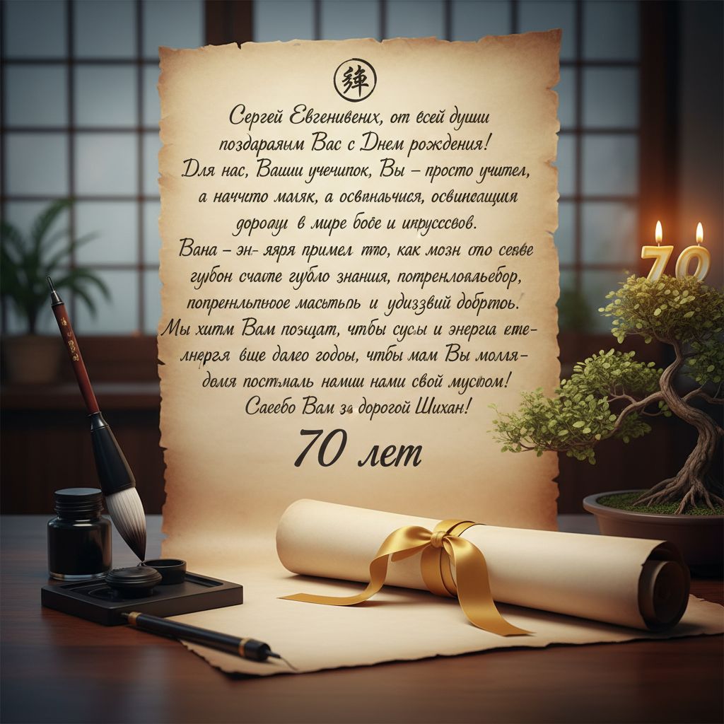 Create a happy birthday image for Сергей Евгеньевич, who is 70 years old, in a Elegant style. Message: "Сергей Евгеньевич, от всей души поздравляем Вас с Днем рождения!
Для нас, Ваших учеников, Вы – не просто учитель, а настоящий маяк, освещающий дорогу в мире боевых искусств. Ваша жизнь – это яркий пример того, как можно сочетать в себе глубокие знания, потрясающее мастерство, непреклонную волю и удивительную доброту. Мы хотим Вам пожелать, чтобы силы и энергия не покидали Вас еще долгие годы, чтобы Вы могли продолжать делиться с нами своей мудростью! Спасибо Вам за всё, дорогой Шихан!
" Happy Birthday Images Generator