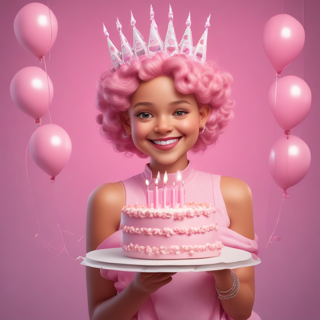 Create a happy birthday image for Binita, in a Animated style. Message: "Without changing my facial features, creat a cinematic birthday photoshoot with light pink puff dress and accessories with a small crown in my head holding a pink cake with studio background make it clear" Happy Birthday Images Generator