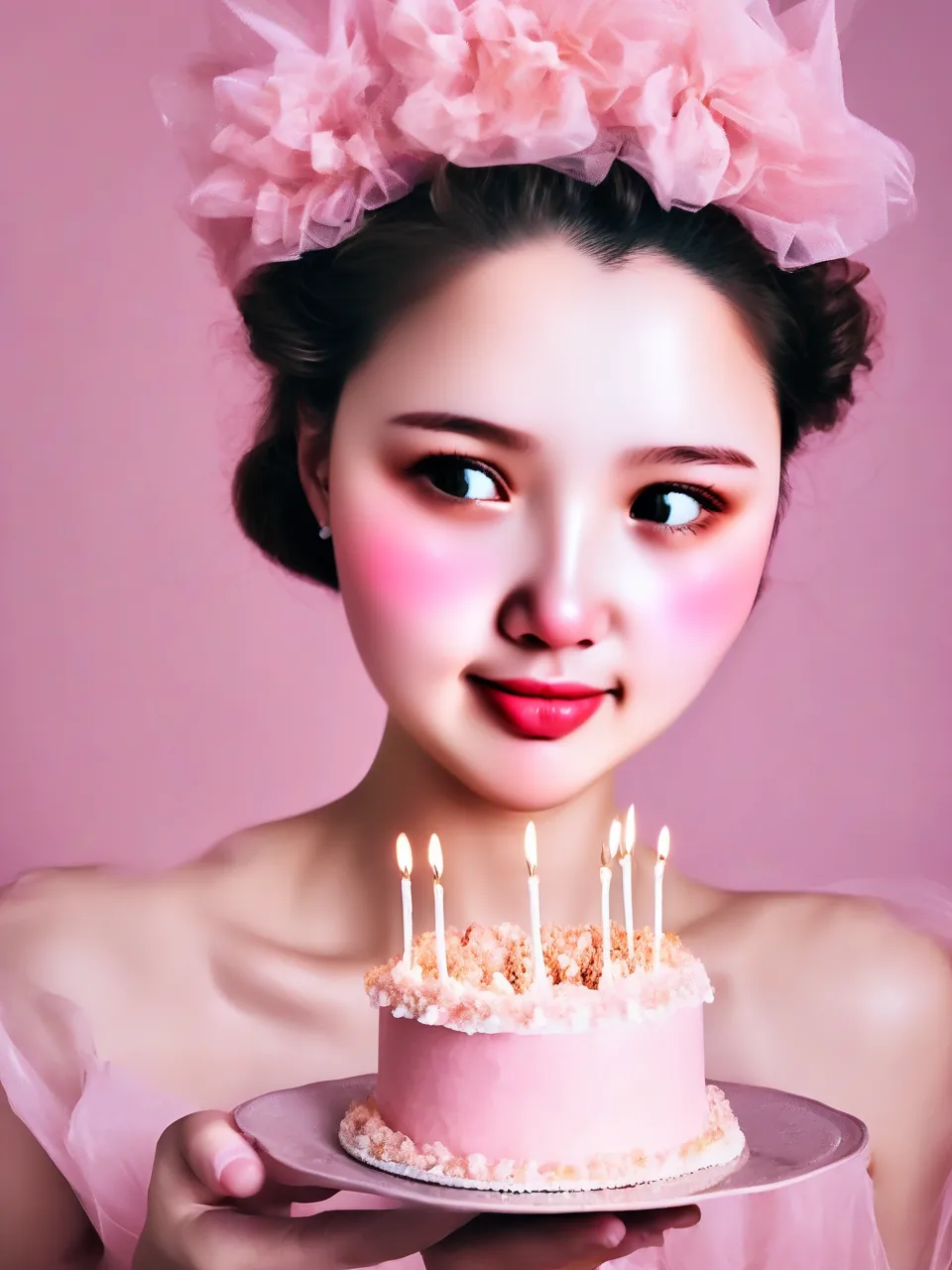 Create a happy birthday image for rtgd, who is 34 years old, in a Elegant style. Message: "Without changing my facial features, creat a cinematic birthday photoshoot with light pink puff dress and accessories with a small crown in my head holding a pink cake with studio background make it clear" Happy Birthday Images Generator