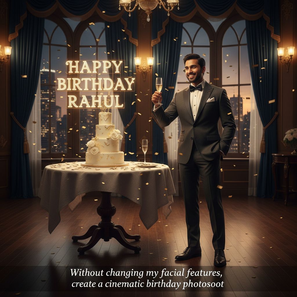 Create a happy birthday image for Rahul, in a Elegant style. Message: "Without changing my facial features, creat a cinematic birthday photoshoot" Happy Birthday Images Generator