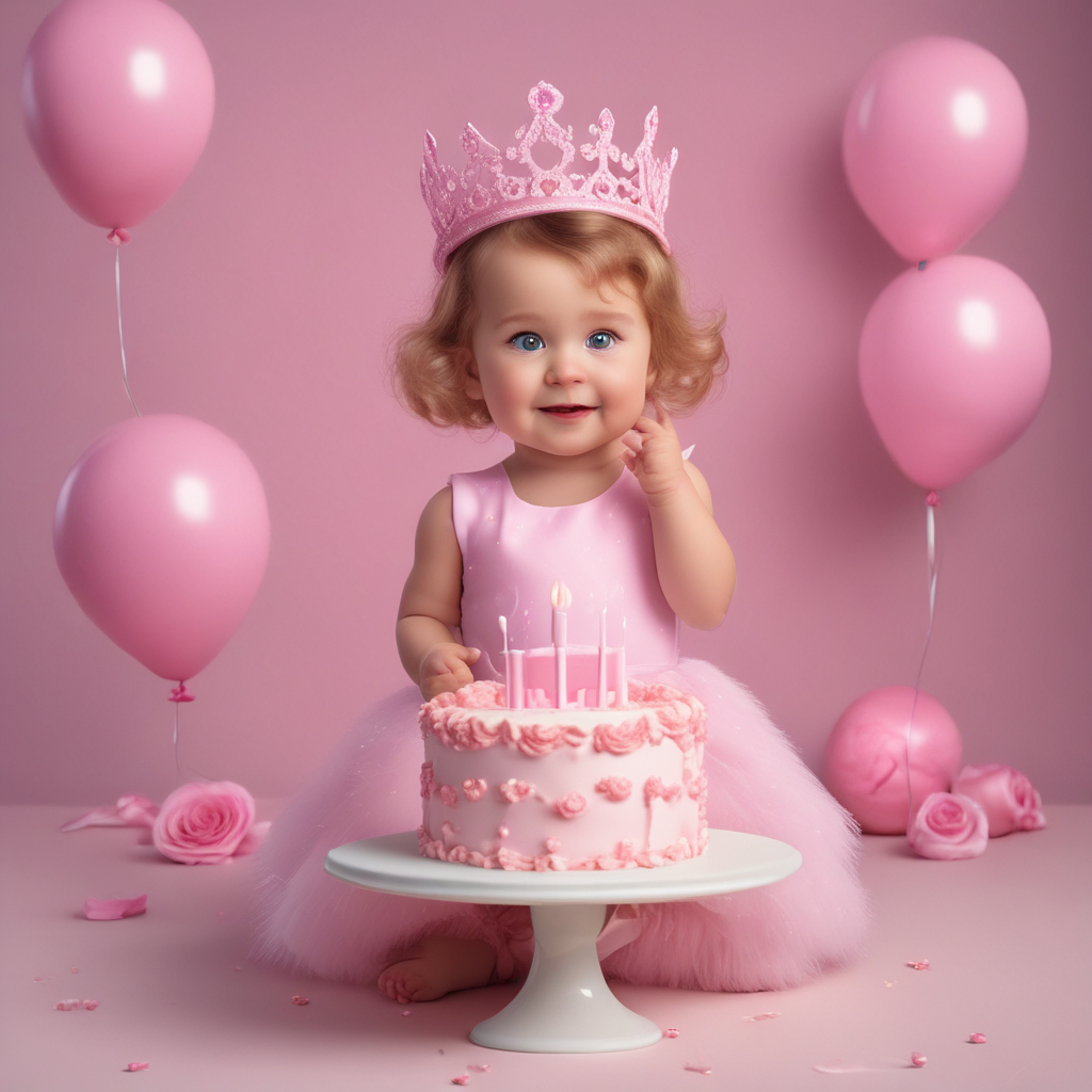 Create a happy birthday image for mulher nua, who is 1 years old, in a Animated style, as an animated GIF. Message: "Without changing my facial features, creat a cinematic birthday photoshoot with light pink puff dress and accessories with a small crown in my head holding a pink cake with studio background make it clear" Happy Birthday Images Generator