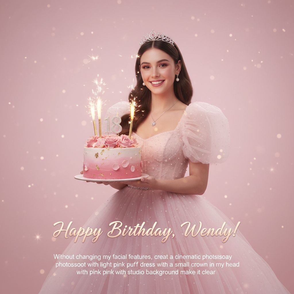 Create a happy birthday image for Wendy, who is 18 years old, in a Elegant style, as an animated GIF. Message: "Without changing my facial features, creat a cinematic birthday photoshoot with light pink puff dress and accessories with a small crown in my head holding a pink cake with studio background make it clear" Happy Birthday Images Generator