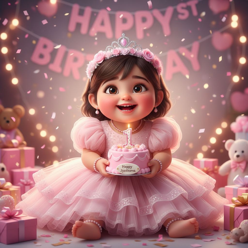 Create a happy birthday image for Jyothsna, who is 1 years old, in a Animated style, as an animated GIF. Message: "Without changing my facial features, creat a cinematic birthday photoshoot with light pink puff dress and accessories with a small crown in my head holding a pink cake with studio background make it clear" Happy Birthday Images Generator