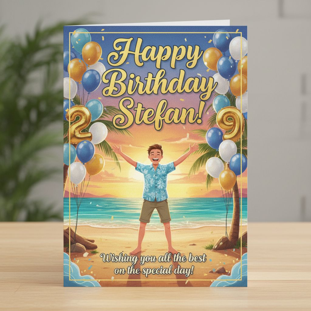 Create a happy birthday image for Stefan, who is 29 years old, in a Card style. Message: "Without changing my facial features, create a Birthday scene on a beach with balloons all around" Happy Birthday Images Generator