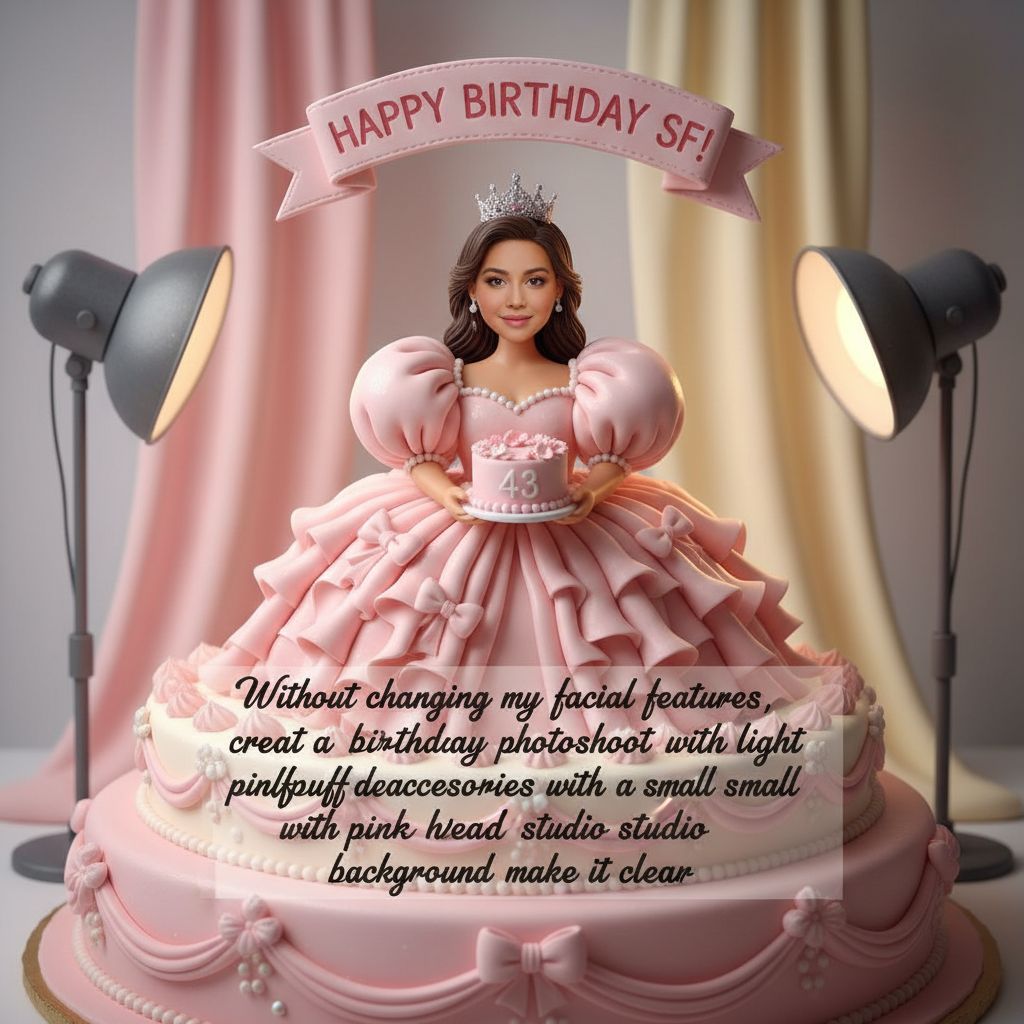 Create a happy birthday image for sf, who is 43 years old, in a Cake style. Message: "Without changing my facial features, creat a cinematic birthday photoshoot with light pink puff dress and accessories with a small crown in my head holding a pink cake with studio background make it clear" Happy Birthday Images Generator