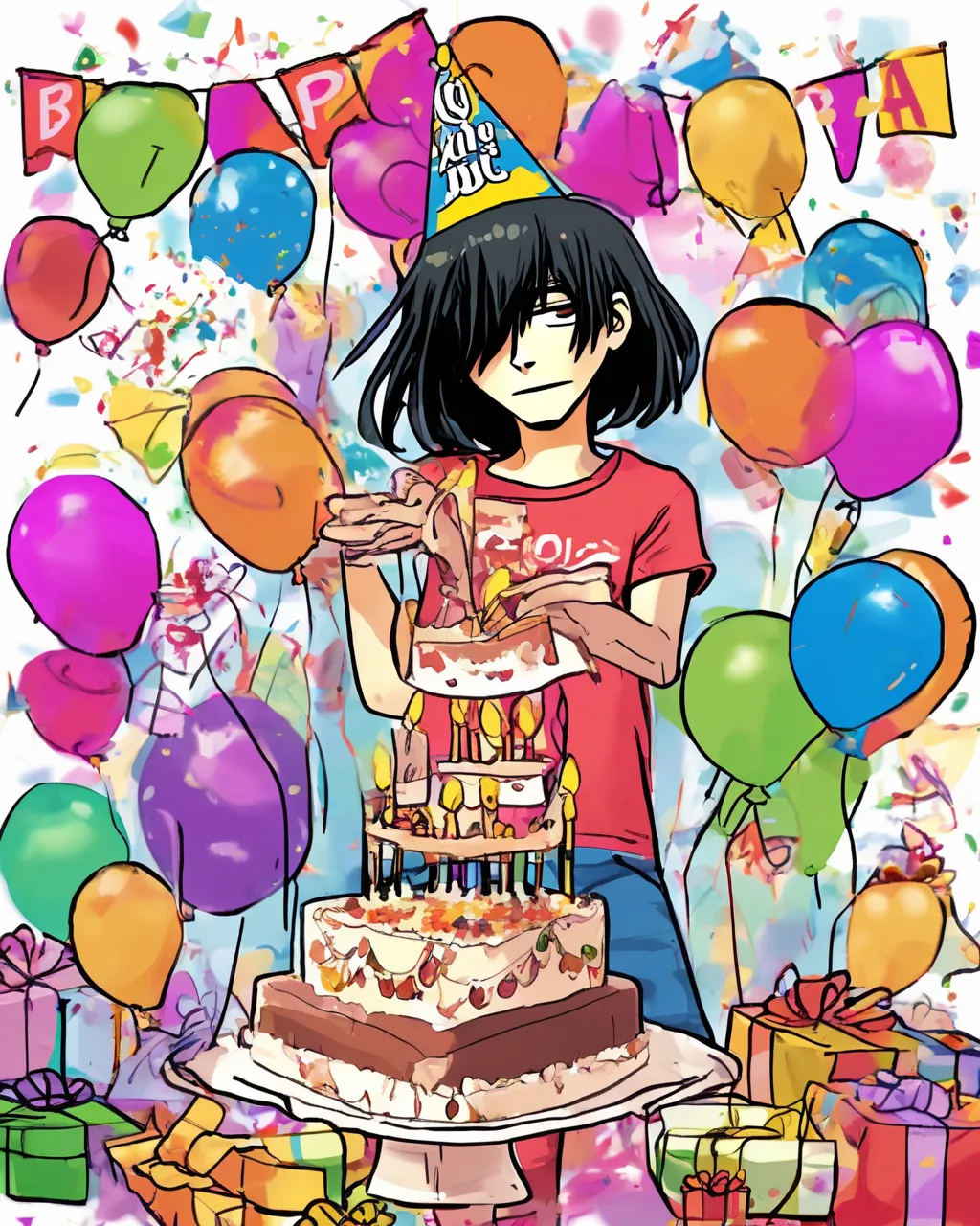 Create a happy birthday image for Averi, who is 14 years old, in a Animated style. Message: "Create a birthday scene with a big cake and lots of presents and all the characters from slow damage the video game with big smiles on their faces  " Happy Birthday Images Generator