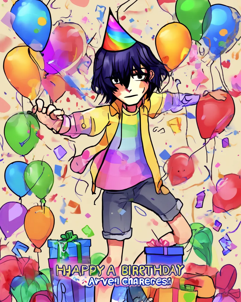 Create a happy birthday image for averi, who is 14 years old, in a Free style. Message: "create a scene with all the charecters from the game slow damage with big smiles on their faces saying happy birthday averi!" Happy Birthday Images Generator