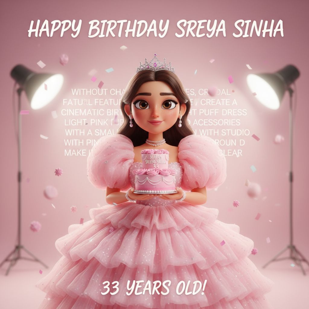 Create a happy birthday image for Sreya Sinha, who is 33 years old, in a Cake style, as an animated GIF. Message: "Without changing my facial features, creat a cinematic birthday photoshoot with light pink puff dress and accessories with a small crown in my head holding a pink cake with studio background make it clear" Happy Birthday Images Generator