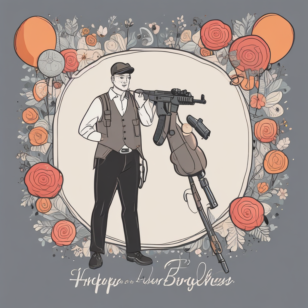 Create a happy birthday image for linske, who is 34 years old, in Elegant style. Message: a man stand with a gun shot target words  happy birthday linske 34th  Happy Birthday Images Generator