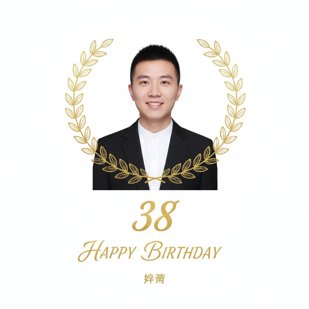 Create a happy birthday image for 护照, who is 38 years old, in a Elegant style. Message: "把背景色改成白色，因为中国护照要求，白底，衣服换成黑色的，也是护照要求的照片， 不要加任何水印 和文字" Happy Birthday Images Generator