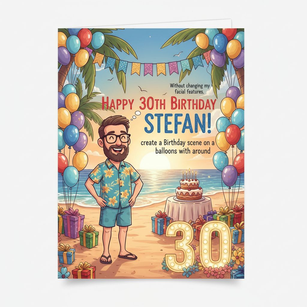 Create a happy birthday image for Stefan, who is 30 years old, in a Card style. Message: "Without changing my facial features, create a Birthday scene on a beach with balloons all around" Happy Birthday Images Generator