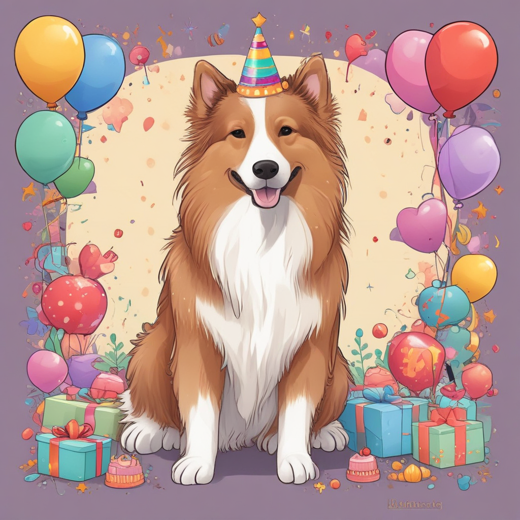 Create a happy birthday image for Festive Happy Birthday for female friend named "音因", in a Animated style. Message: "include a piano and a Shetland sheepdog" Happy Birthday Images Generator