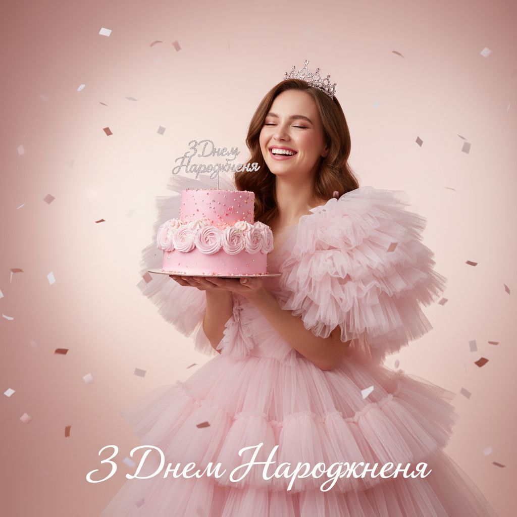 Create a happy birthday image for З Днем Народження, in a Free style. Message: "Without changing my facial features, creat a cinematic birthday photoshoot with light pink puff dress and accessories with a small crown in my head holding a pink cake with studio background make it clear" Happy Birthday Images Generator
