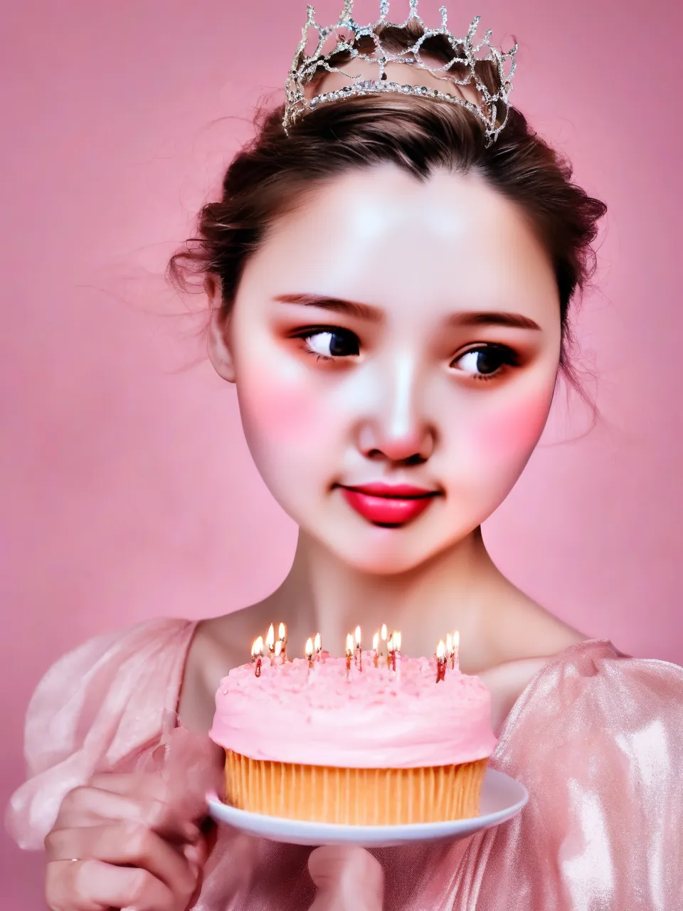 Create a happy birthday image for rtgd, who is 34 years old, in a Elegant style. Message: "Without changing my facial features, creat a cinematic birthday photoshoot with light pink puff dress and accessories with a small crown in my head holding a pink cake with studio background make it clear" Happy Birthday Images Generator