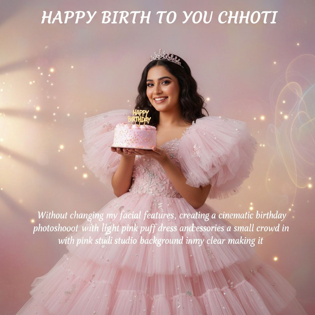 Create a happy birthday image for HAPPY BIRTH TO YOU CHHOTI, in a Free style. Message: "Without changing my facial features, creat a cinematic birthday photoshoot with light pink puff dress and accessories with a small crown in my head holding a pink cake with studio background make it clear" Happy Birthday Images Generator
