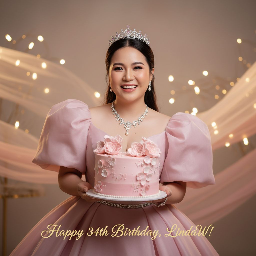 Create a happy birthday image for lindaw, who is 34 years old, in a Elegant style. Message: "Without changing my facial features, creat a cinematic birthday photoshoot with light pink puff dress and accessories with a small crown in my head holding a pink cake with studio background make it clear" Happy Birthday Images Generator