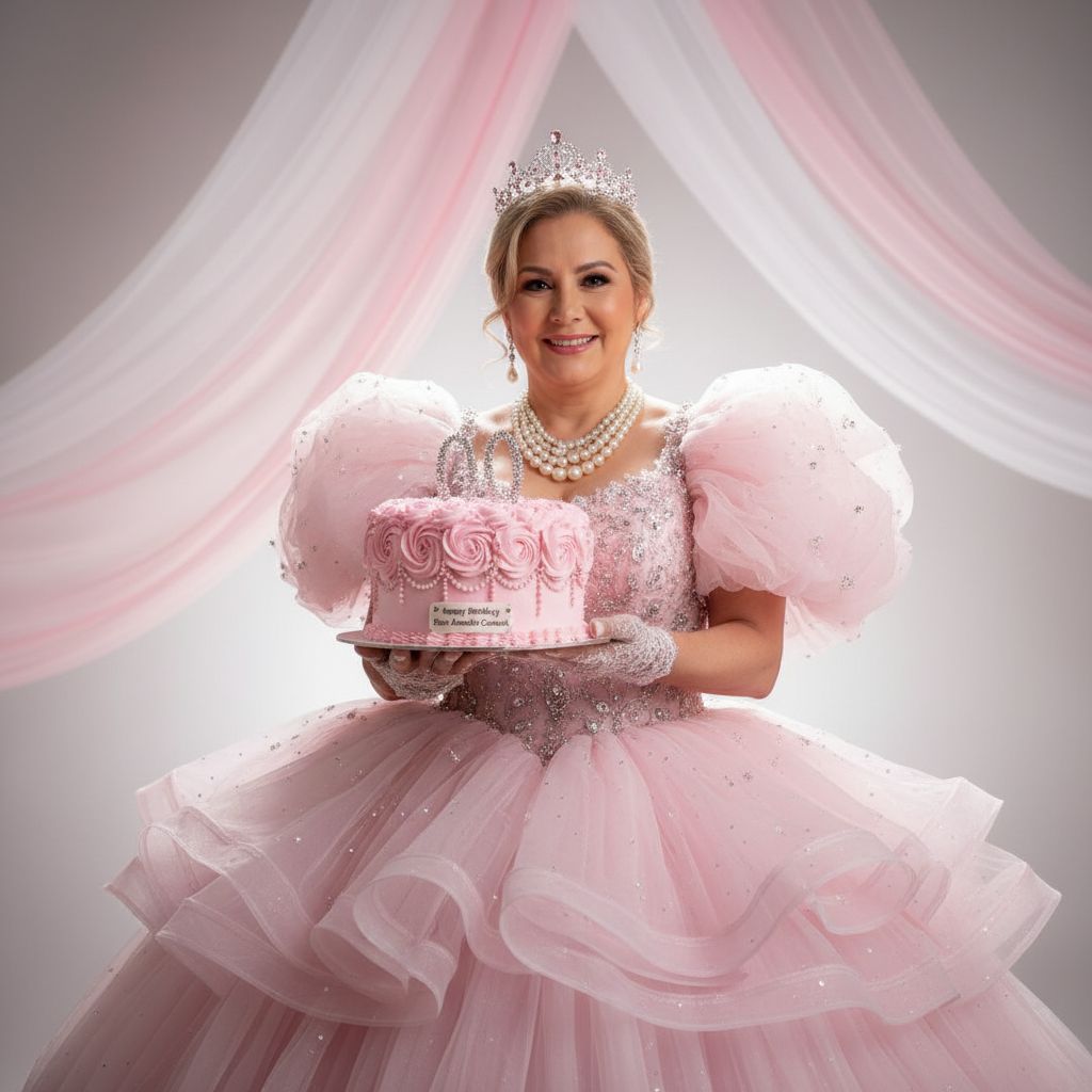 Create a happy birthday image for DON ARNOLDO CARMIOL, who is 00 years old, in a Elegant style, as an animated GIF. Message: "Without changing my facial features, creat a cinematic birthday photoshoot with light pink puff dress and accessories with a small crown in my head holding a pink cake with studio background make it clear" Happy Birthday Images Generator