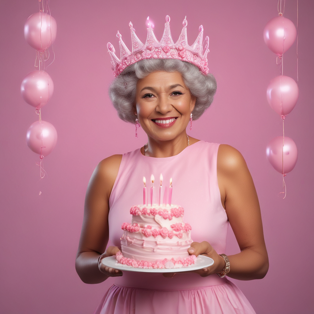 Create a happy birthday image for Binita, who is 50 years old, in a Animated style. Message: "Without changing my facial features, create a cinematic birthday photoshoot with light pink puff dress and accessories with a small crown in my head holding a pink cake with studio background make it clear" Happy Birthday Images Generator