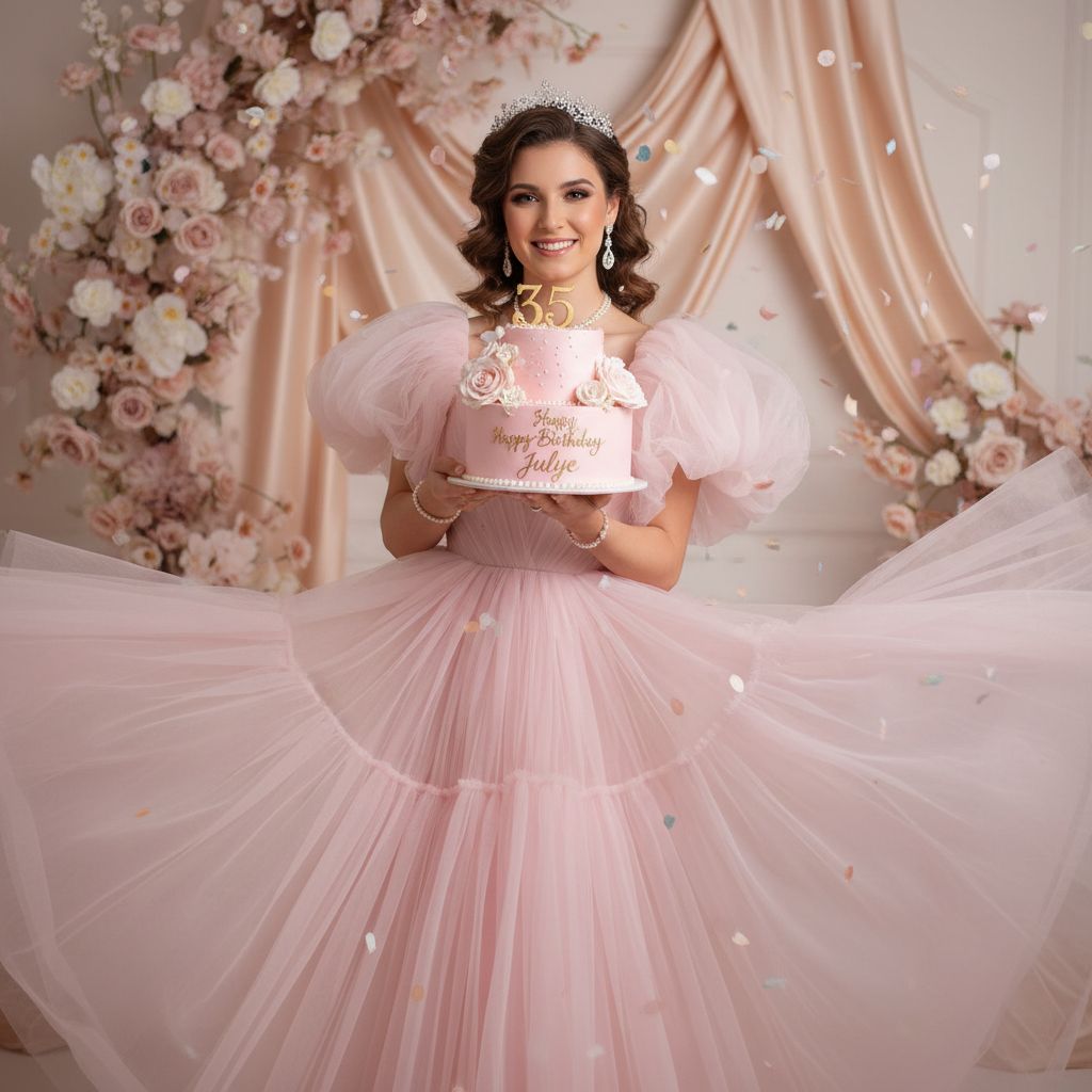 Create a happy birthday image for julye, who is 35 years old, in a Elegant style. Message: "Without changing my facial features, creat a cinematic birthday photoshoot with light pink puff dress and accessories with a small crown in my head holding a pink cake with studio background make it clear" Happy Birthday Images Generator