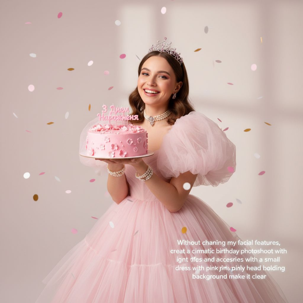 Create a happy birthday image for З Днем Народження, in a Free style. Message: "Without changing my facial features, creat a cinematic birthday photoshoot with light pink puff dress and accessories with a small crown in my head holding a pink cake with studio background make it clear" Happy Birthday Images Generator