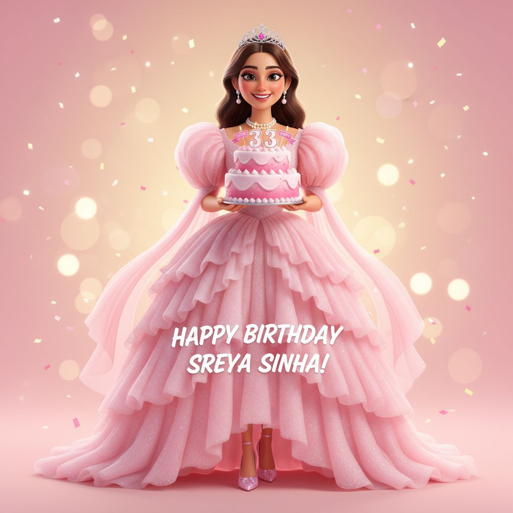 Create a happy birthday image for Sreya Sinha, who is 33 years old, in a Animated style. Message: "Without changing my facial features, creat a cinematic birthday photoshoot with light pink puff dress and accessories with a small crown in my head holding a pink cake with studio background make it clear" Happy Birthday Images Generator