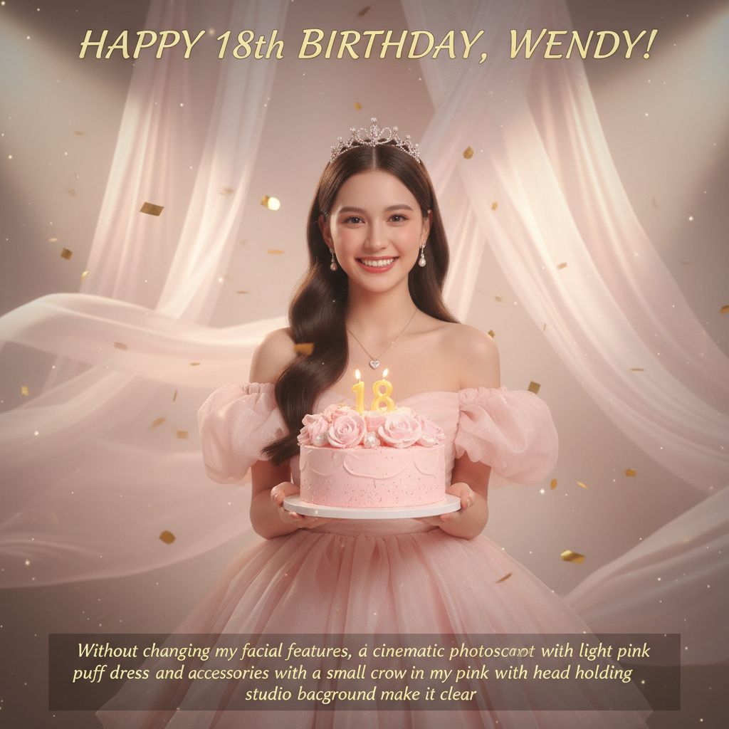 Create a happy birthday image for Wendy, who is 18 years old, in a Elegant style, as an animated GIF. Message: "Without changing my facial features, creat a cinematic birthday photoshoot with light pink puff dress and accessories with a small crown in my head holding a pink cake with studio background make it clear" Happy Birthday Images Generator