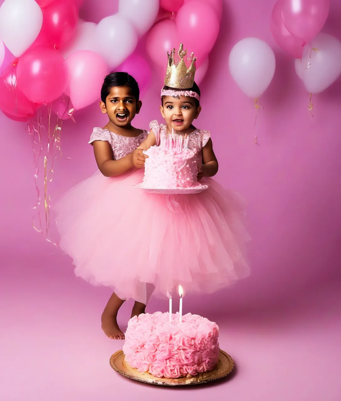Create a happy birthday image for JASPREET PARMAR, who is 1 years old, in a Elegant style. Message: "Without changing my facial features, creat a cinematic birthday photoshoot with light pink puff dress and accessories with a small crown in my head holding a pink cake with studio background make it clear" Happy Birthday Images Generator