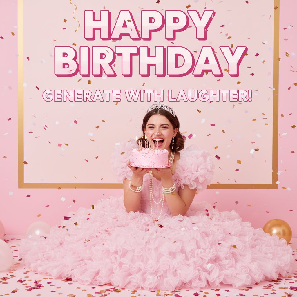 Create a happy birthday image for generate with laughter in birthday theme, in a Funny style. Message: "Without changing my facial features, creat a cinematic birthday photoshoot with light pink puff dress and accessories with a small crown in my head holding a pink cake with studio background make it clear" Happy Birthday Images Generator