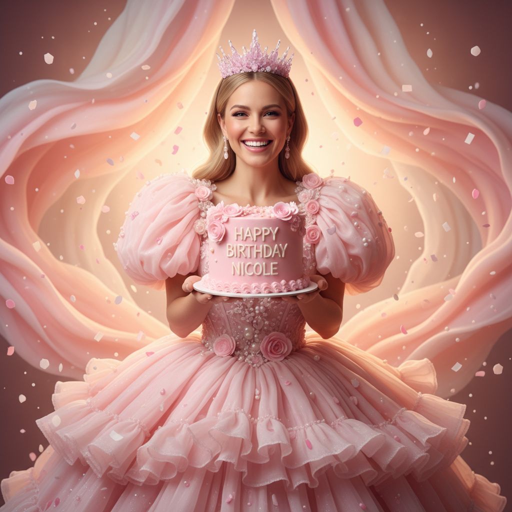 Create a happy birthday image for Nicole, in a Cake style. Message: "Without changing my facial features, creat a cinematic birthday photoshoot with light pink puff dress and accessories with a small crown in my head holding a pink cake with studio background make it clear" Happy Birthday Images Generator