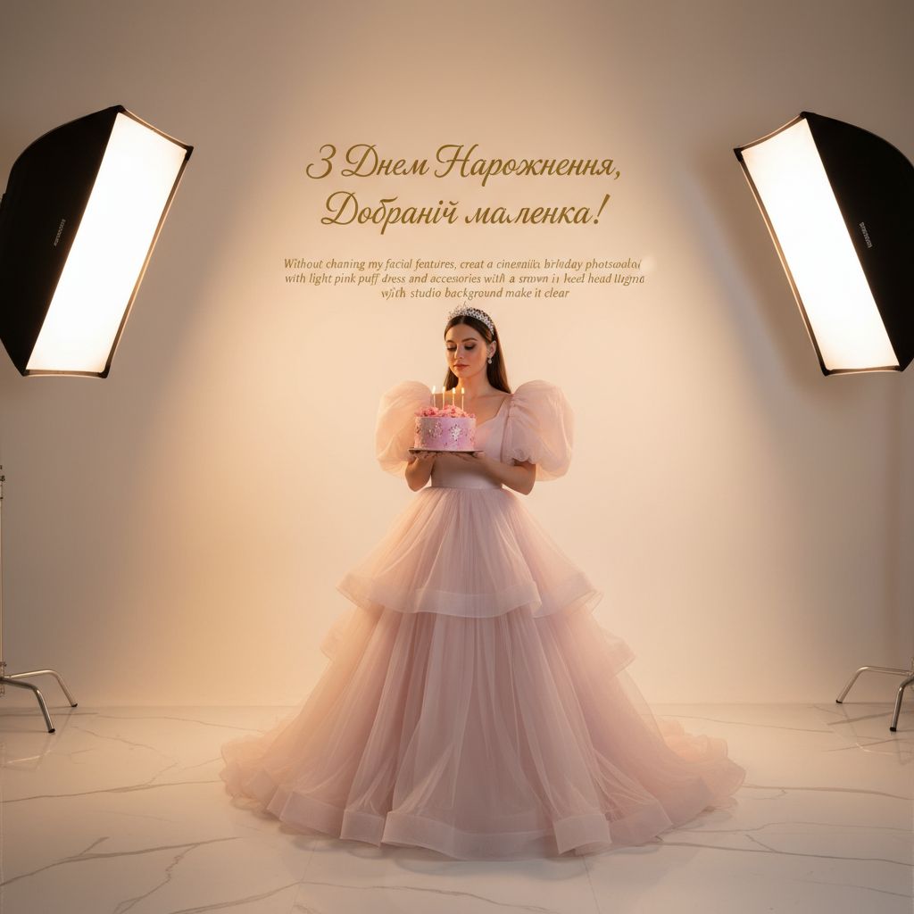 Create a happy birthday image for Добраніч маленька, in a Elegant style. Message: "Without changing my facial features, creat a cinematic birthday photoshoot with light pink puff dress and accessories with a small crown in my head holding a pink cake with studio background make it clear" Happy Birthday Images Generator