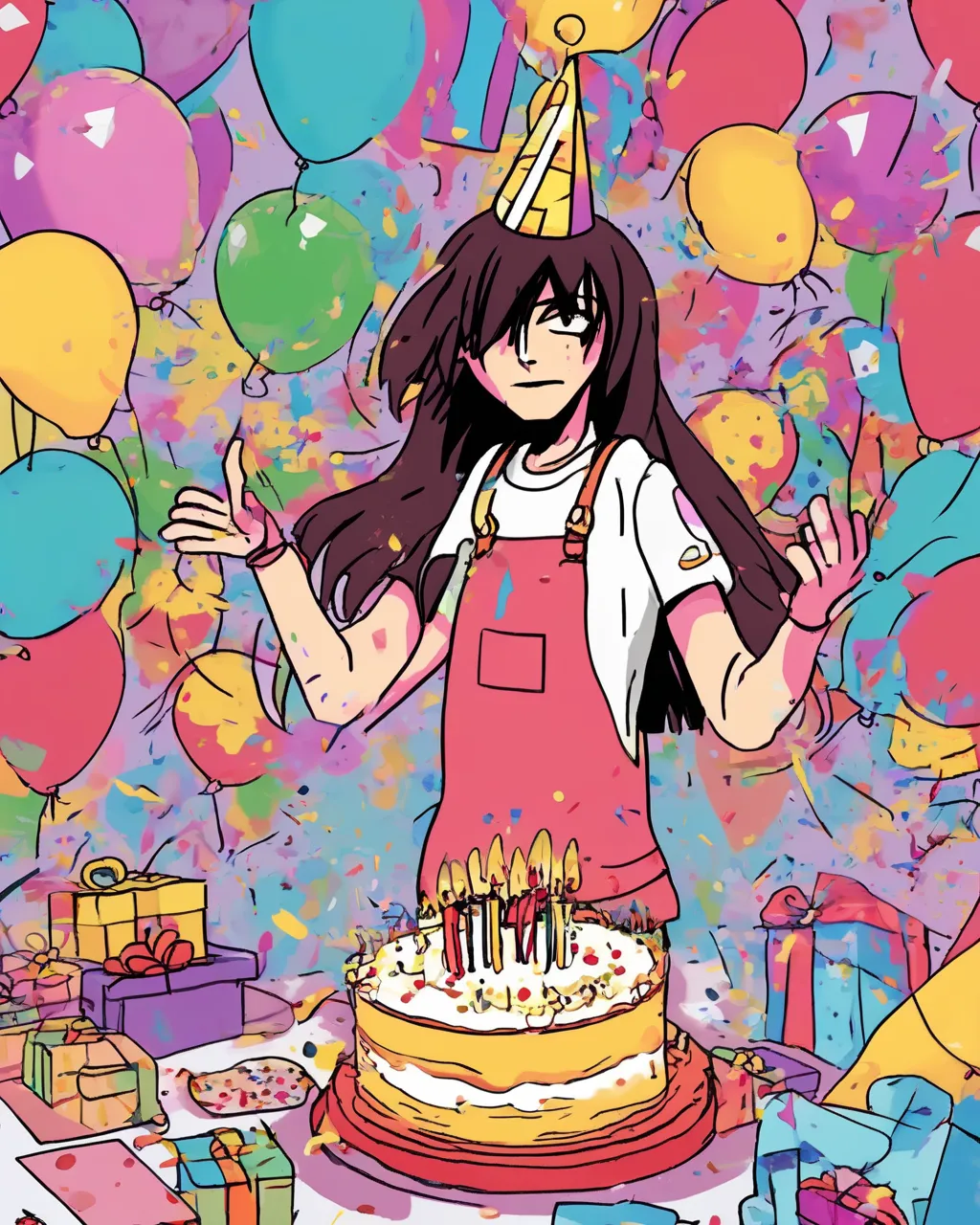 Create a happy birthday image for Averi, who is 14 years old, in a Animated style. Message: "Create a birthday scene with a big cake and lots of presents and all the characters from slow damage the video game with big smiles on their faces  " Happy Birthday Images Generator