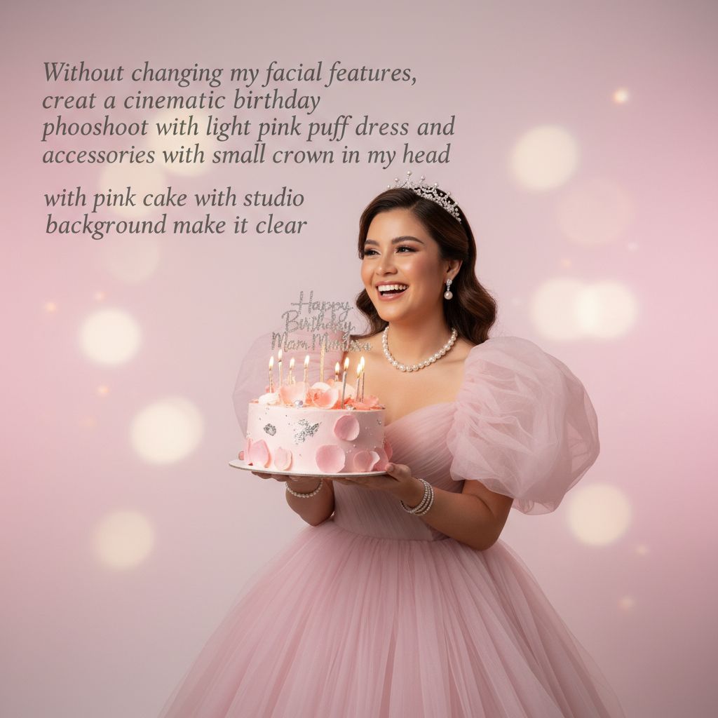 Create a happy birthday image for mam marissa, in a Elegant style. Message: "Without changing my facial features, creat a cinematic birthday photoshoot with light pink puff dress and accessories with a small crown in my head holding a pink cake with studio background make it clear" Happy Birthday Images Generator