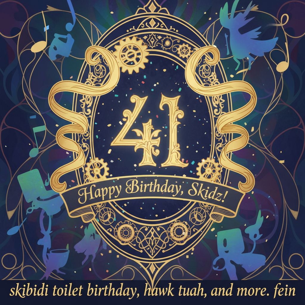 Create a happy birthday image for skidz, who is 41 years old, in a Elegant style, as an animated GIF. Message: "skibidi toilet birthday, hawk tuah, and more. fein" Happy Birthday Images Generator