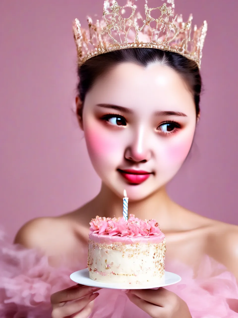 Create a happy birthday image for rtgd, who is 34 years old, in a Elegant style. Message: "Without changing my facial features, creat a cinematic birthday photoshoot with light pink puff dress and accessories with a small crown in my head holding a pink cake with studio background make it clear" Happy Birthday Images Generator