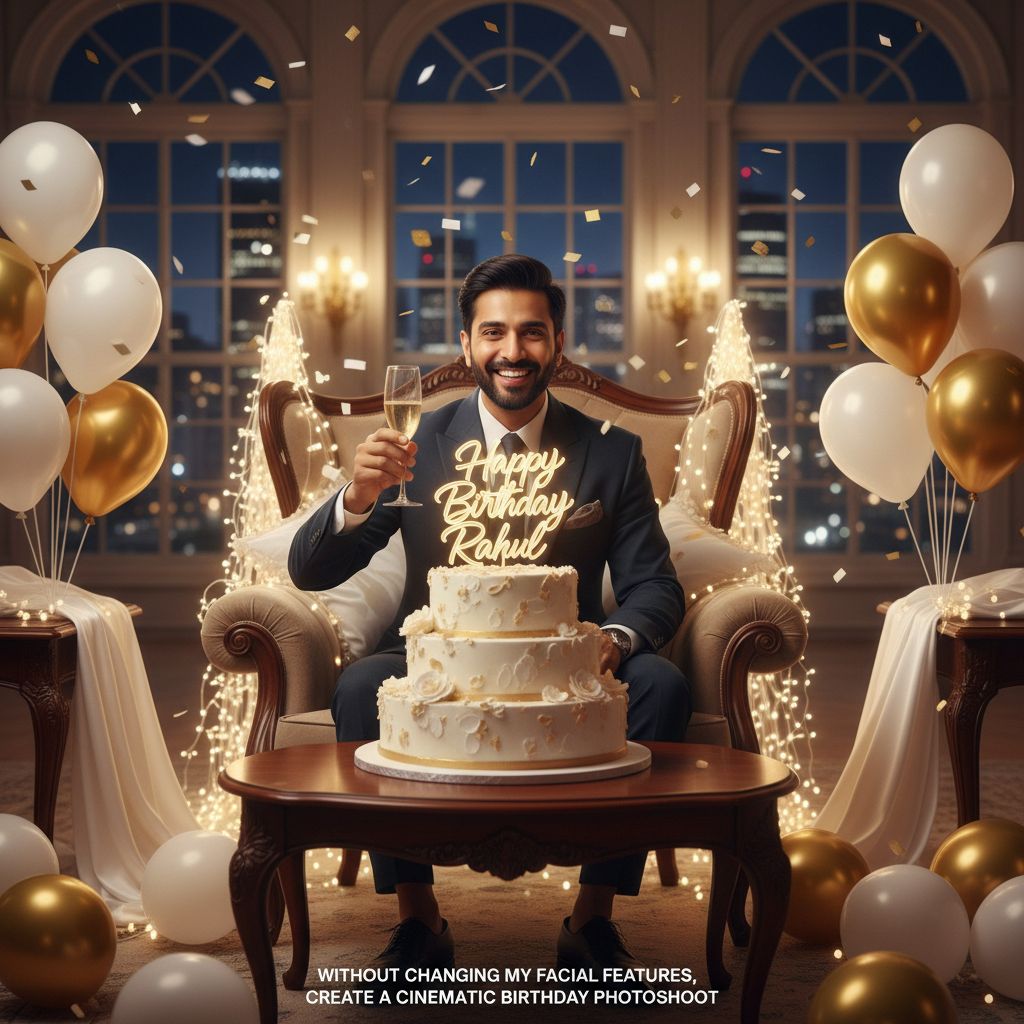 Create a happy birthday image for Rahul, in a Elegant style. Message: "Without changing my facial features, creat a cinematic birthday photoshoot" Happy Birthday Images Generator